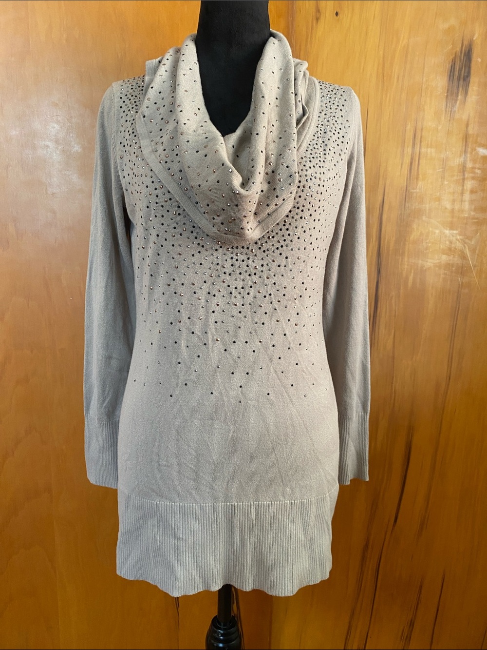 Cache Cowl Neck Sweater Top Tunic Light Taupe Metallic Embellishments Studded